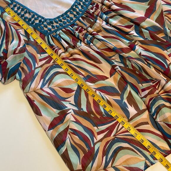 Lane Bryant Square-Neck Boho Top Womens Size 14/16 Teal Brown & Burgundy Leaf - Picture 9 of 9